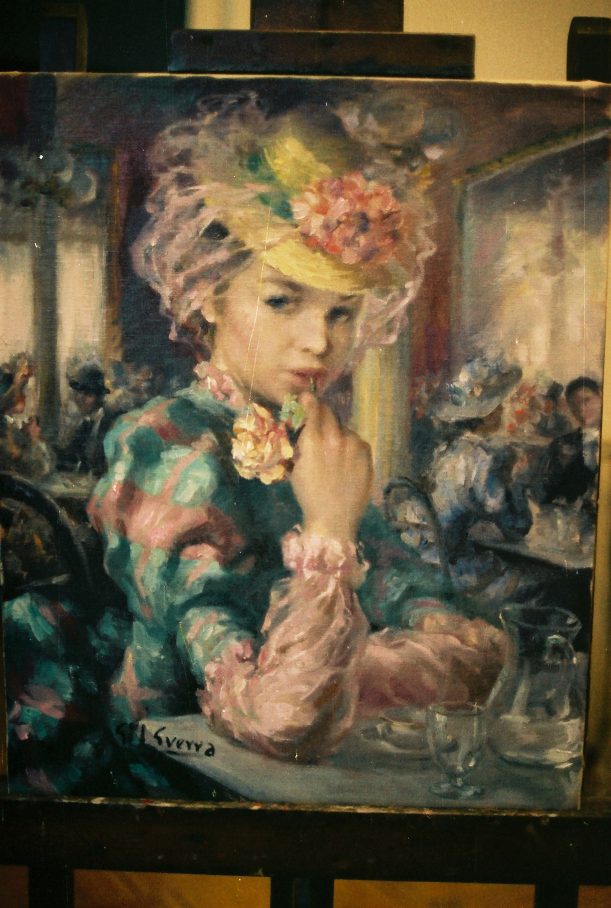 Mujer de rosa en el café, null